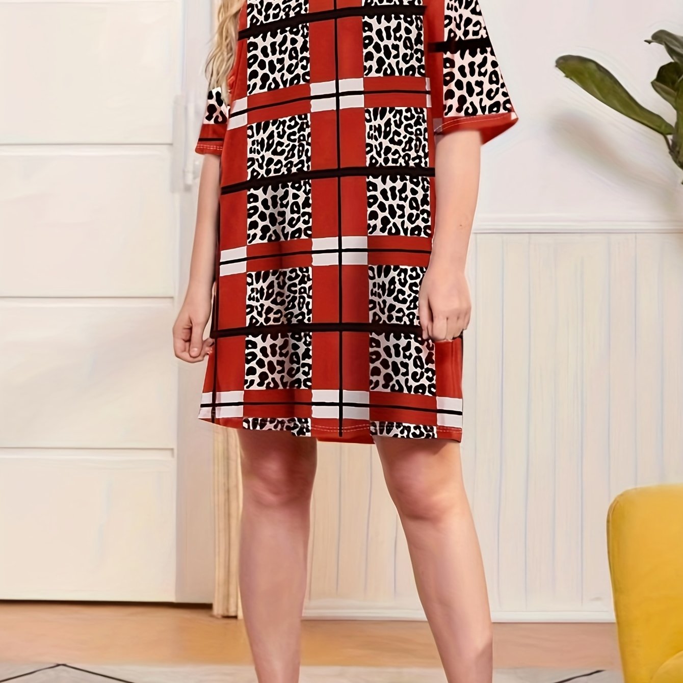 Leopard & Plaid Print Nightdress Short Sleeve Sleep Dress