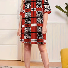 Leopard & Plaid Print Nightdress Short Sleeve Sleep Dress