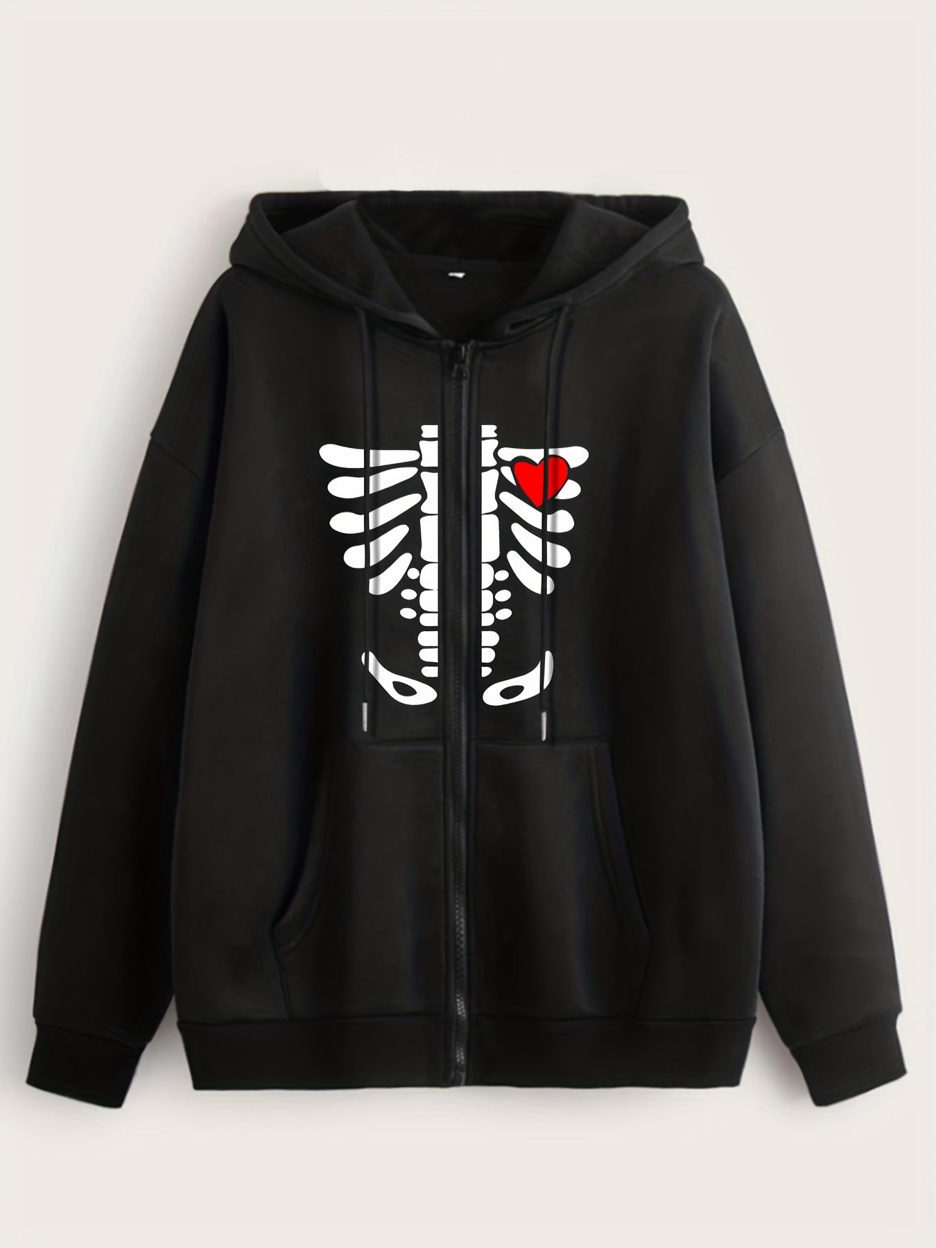 Skull & Heart Print Zip Up Hoodie Sweatshirt