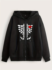 Skull & Heart Print Zip Up Hoodie Sweatshirt