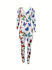 Butterfly Print Lounge Jumpsuit V Neck Long Sleeve Buttons Jumpsuit