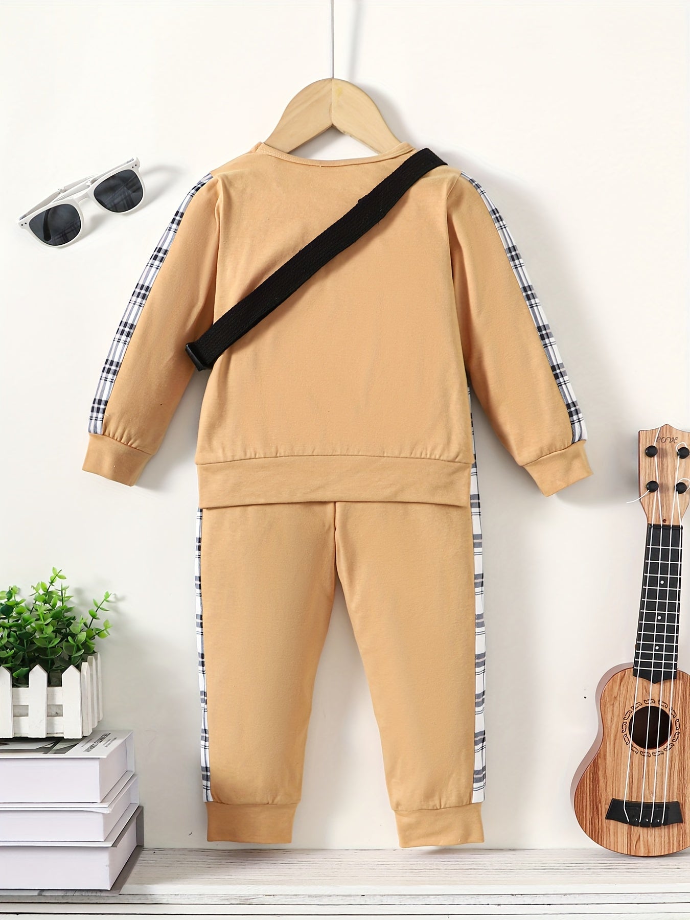 Plaid Pattern Toddler Boy's 3pcs Sweatshirt & Crossbody Bag & Sweatpants Set