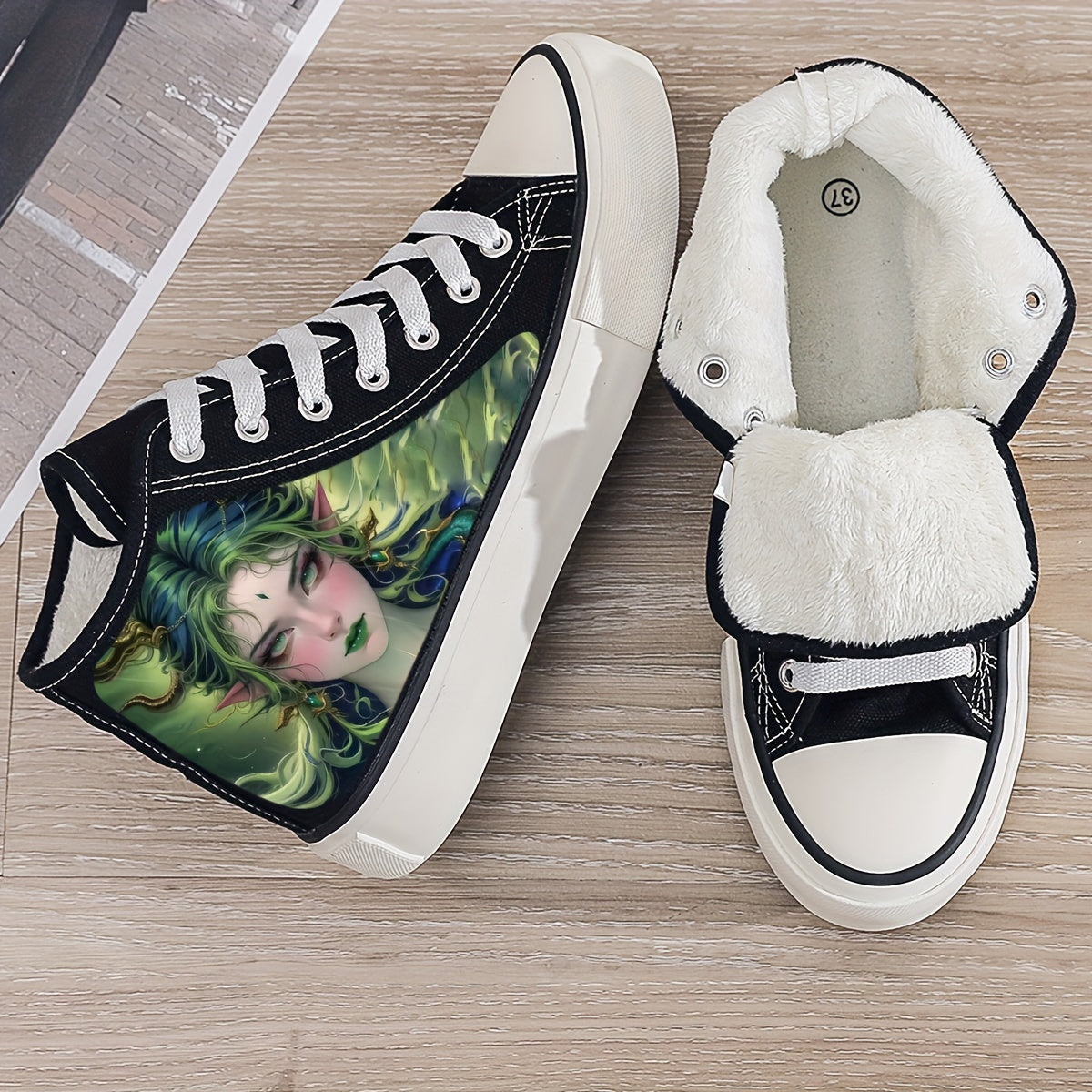 Anime Print Plush Lined Chunky Canvas Sneakers - High Top Walkin