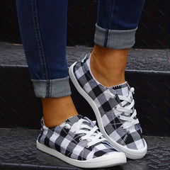 Women's Plaid Canvas Shoes Lace Up Flat Sneakers Lightweight Low Top