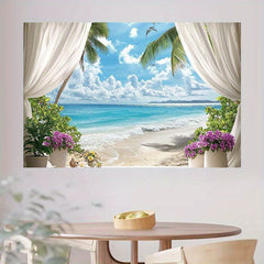 Tropical Beach Scene Backdrop with Palm Trees and Vibrant Flowers