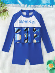 Boys Fish Pattern One Piece Swimsuit Long Sleeve Bathing Suit