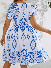 Women's Plus Ikat Print Ruffle Sleeve Round Neck Ruffle Trim Dress