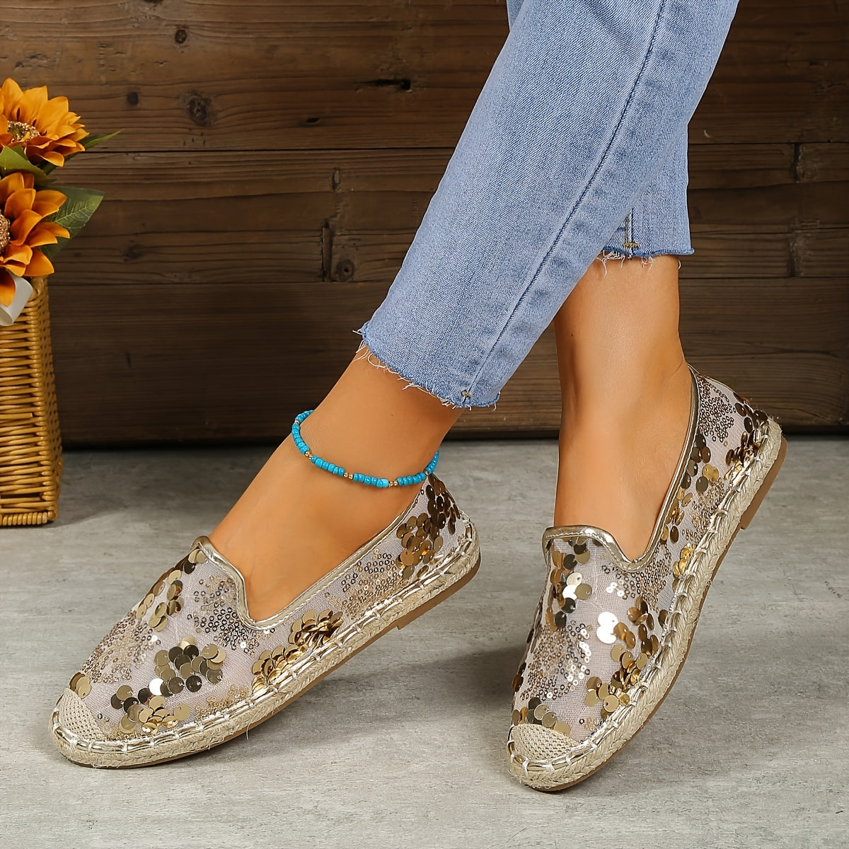 Sequins Mesh Panel Slip-On Espadrilles for Women
