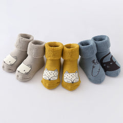 3 Pairs Baby Cartoon Kitty Print Floor Socks Winter Warm Slip-On Thick Socks