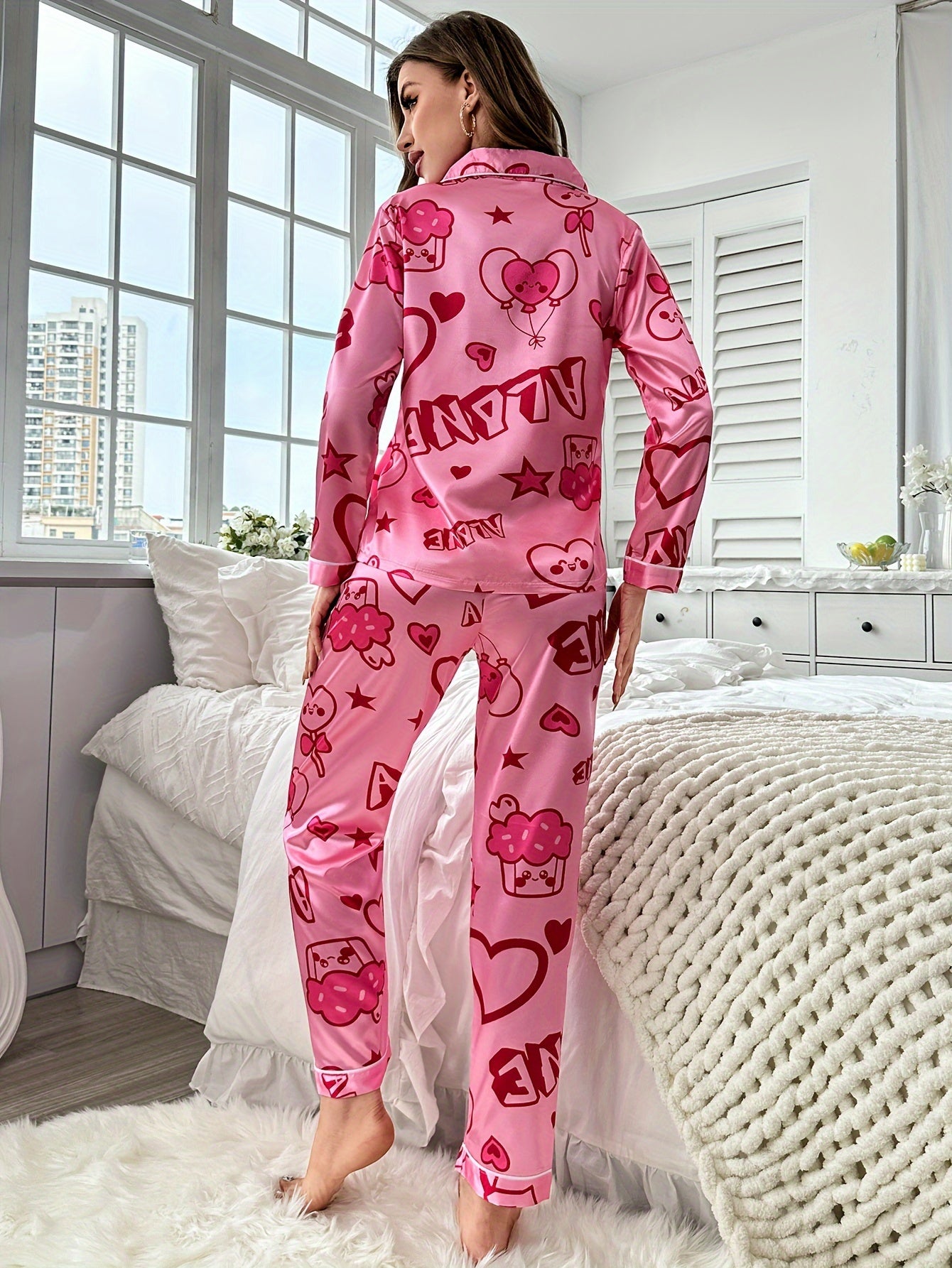 Heart & Letter Print Lounge Set Long Sleeve Top & Pants Women's Loungewear