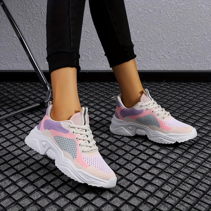 Women's Breathable Knit Sneakers Lace Up Colorblock Shoes