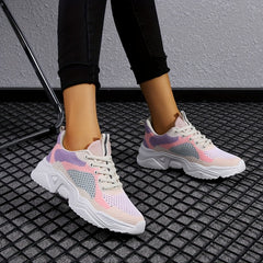 Women's Breathable Knit Sneakers Lace Up Colorblock Shoes