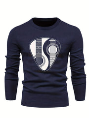 Men's Instrument Print Knitted Sweater Active Mid Stretch Slim Fit Warm Pullover