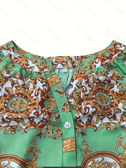 Boho Dress Women's Plus Graphic Print Lantern Sleeve Button Up Notched Neck