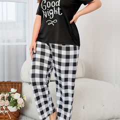 Letter Print Pajamas Set Short Sleeve Top & Plaid Pants
