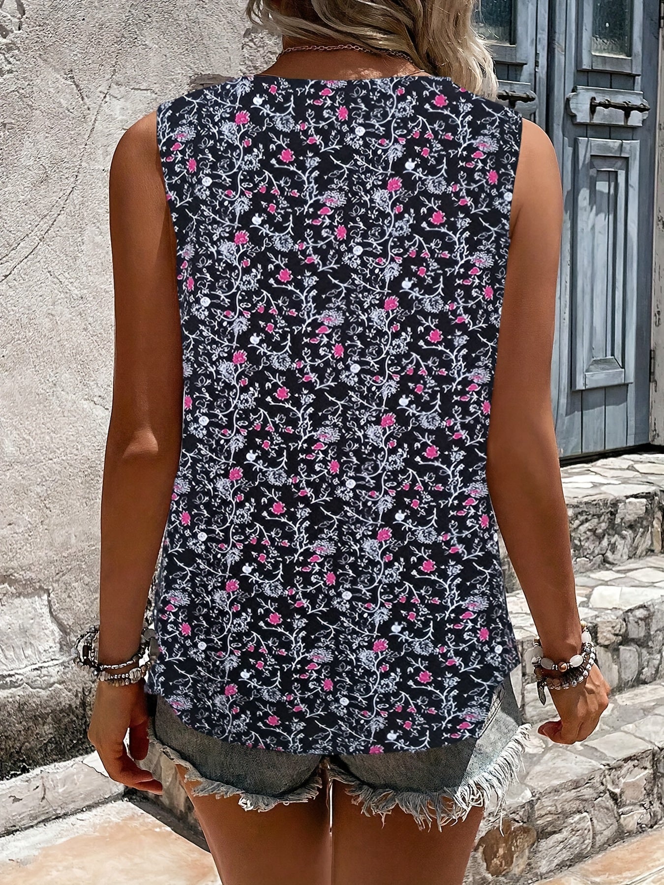 Floral Print Tank Top V Neck Sleeveless Summer Top