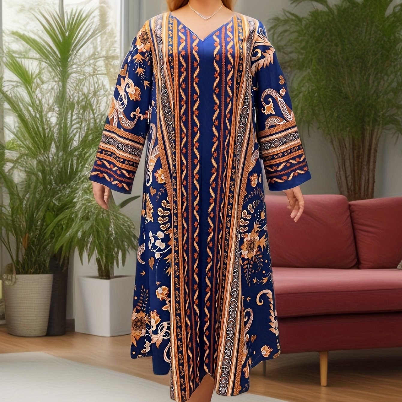 Women's Plus Tribal Print V Neck Long Sleeve Loose Casual Maxi Dress