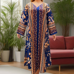 Women's Plus Tribal Print V Neck Long Sleeve Loose Casual Maxi Dress