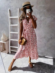 Floral Wrap Belted Dress V Neck Short Sleeve Women's Clothing