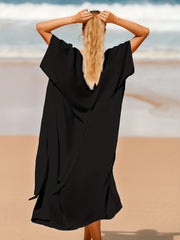 V Neck Side Split Cover Up Dress Tie Belt Short Sleeve Beach Kaftan