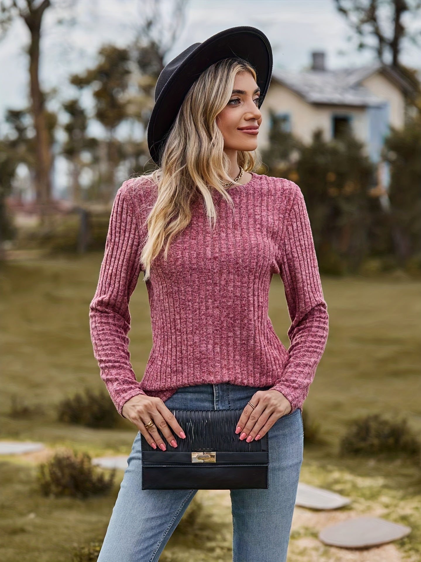 Solid Ribbed Long Sleeve Knit Top