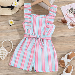 Girls Ruffle Trim Striped Romper with Belt, Summer Jumpsuit