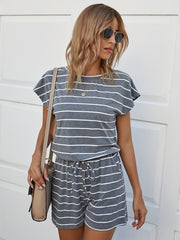 Striped Print Slanted Shoulder Romper Casual Drawstring Short Sleeve Romper