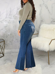 Women's Plus Size Button Up Flared Leg Jeans with Wings Embroidery Pockets