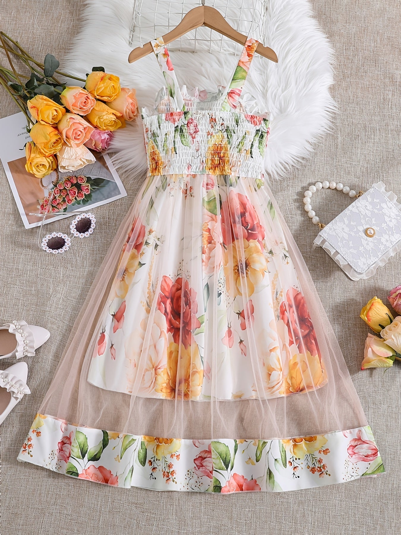 Girls Floral Print Mesh Sleeveless Cami Dress for Summer