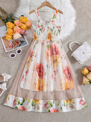 Girls Floral Print Mesh Sleeveless Cami Dress for Summer