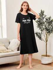 Letter Print Nightdress Crew Neck Short Sleeve Sleep Dress Women's Sleepwear