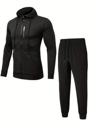Men's Sports Suit Zip Hooded Jacket & Stretch Pants for Gym Workouts
