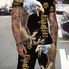 Men's Eagle Print Short Sleeve T shirt & Stretch Shorts Set for Outdoor