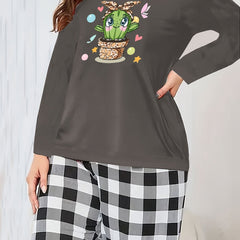 Cactus Print Tee & Plaid Pants Lounge Set - Plus Size
