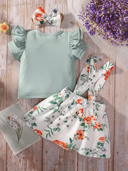 3pcs Baby Girls Casual T shirt & Floral Suspender Skirt Set