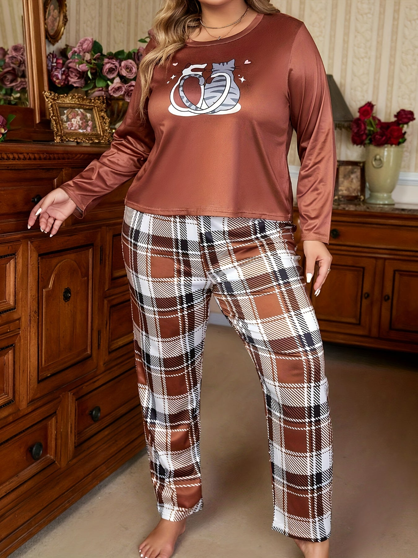 Cat Print Tee & Plaid Pants Lounge Set