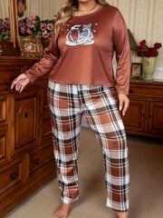 Cat Print Tee & Plaid Pants Lounge Set