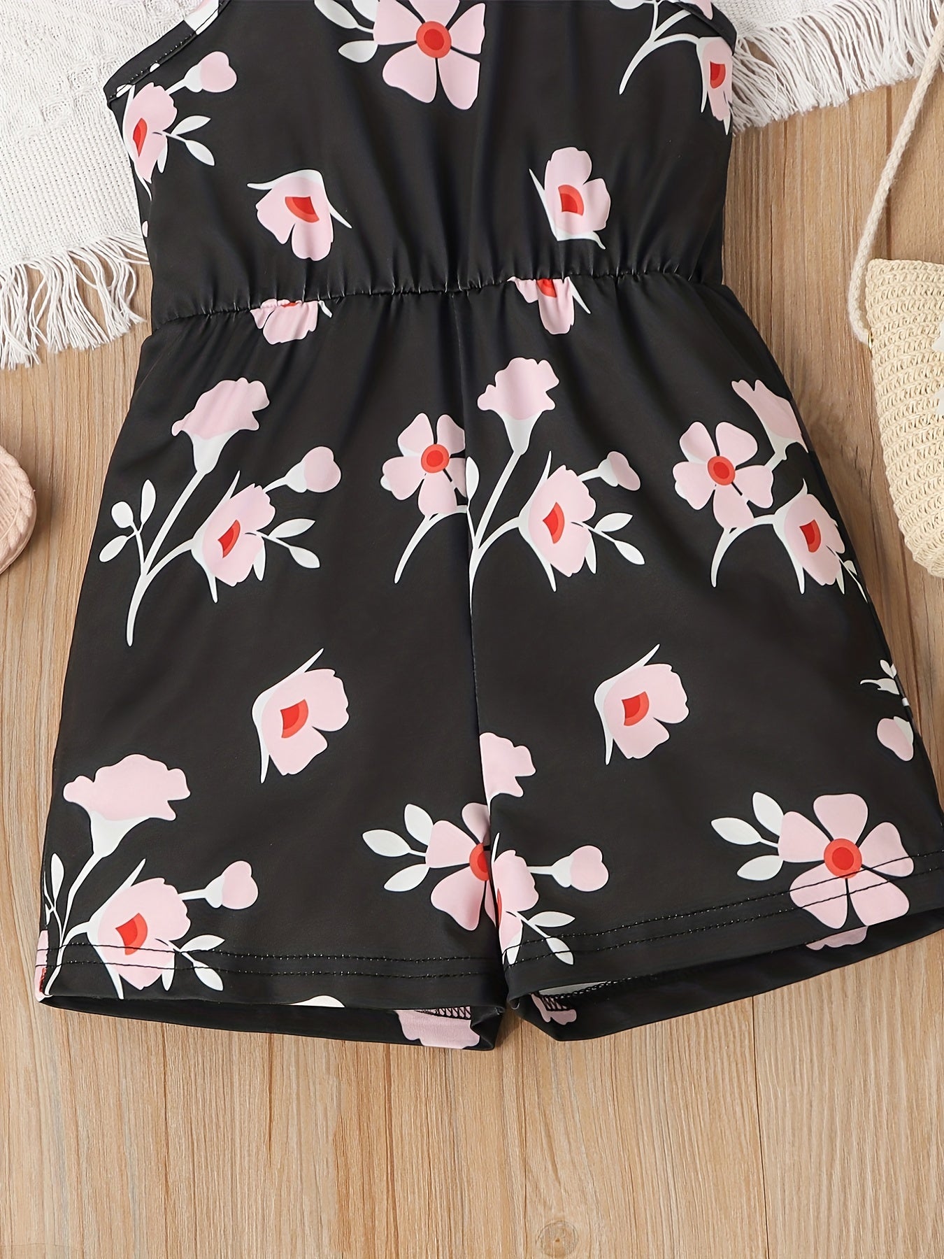 Girls Flower Print Casual Halter Neck Sleeveless Rompers