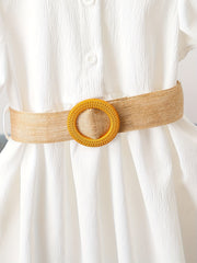 Toddler Girls Puff Sleeve Button Casual Belted Shirt Dress