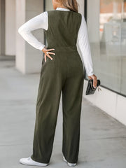 Corduroy Button Up V Neck Wide Leg Jumpsuit
