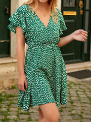 Polka Dot Flutter Sleeve Dress V Neck Casual Spring Summer Women's Clothing