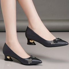 Rhinestone Chunky Heel Point Toe Work Pumps
