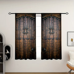 Wooden Door Pattern Curtains Retro Decorative Printed Soft Translucent Curtains