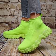 Women's Platform Knitted Sneakers Comfy Slip On High Top Sports Shoes
