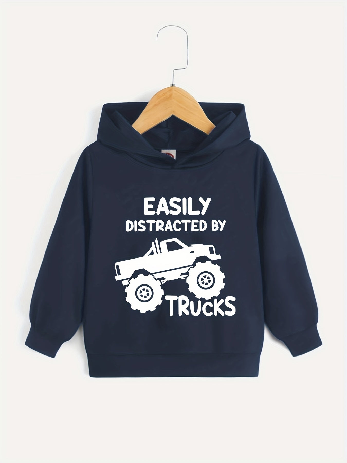 BOYS TRUCKS Letter Print Hooded Sweatshirt Spring Fall Kids Clothing