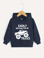 BOYS TRUCKS Letter Print Hooded Sweatshirt Spring Fall Kids Clothing