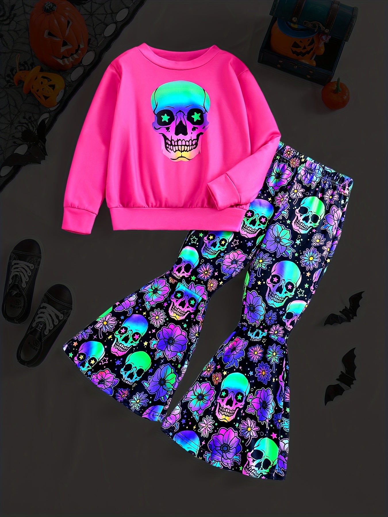 Girl's Skeleton Graphic Outfit 2pcs Set Glow in Dark Kid's Halloween Clothes
