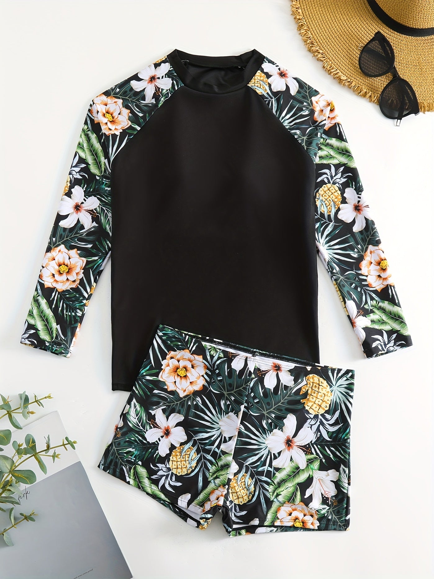 Tropical Print Tankini Set Long Sleeves Round Neck Two Pieces Swimsuit