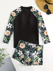 Tropical Print Tankini Set Long Sleeves Round Neck Two Pieces Swimsuit
