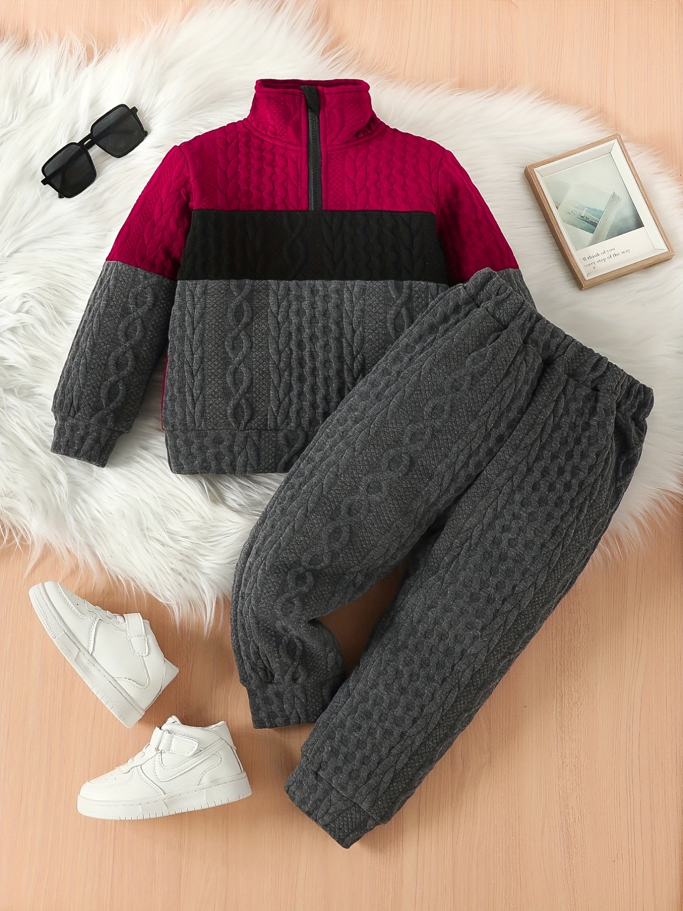 Boys 2 Piece Outfits Block Zip Pullover & Warm Jogger Pants